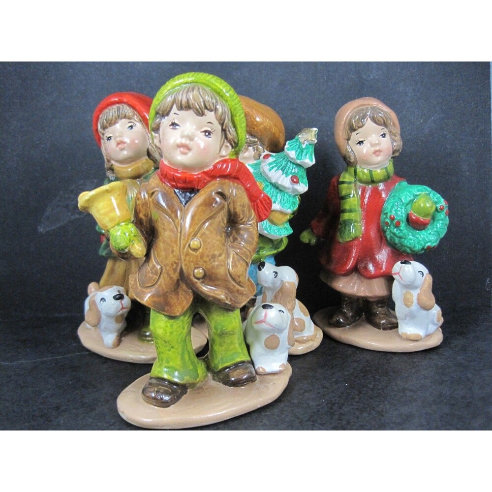 Set of 4 Vintage Christmas Figurines Girls & Boys with Puppies Ceramic Sri Lanka